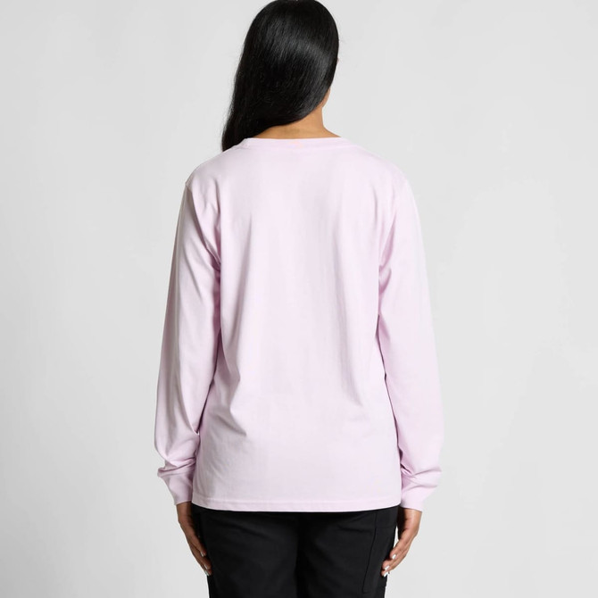 A long-sleeve t-shirt in light pink, featuring a logo and a relaxed fit from the back view.