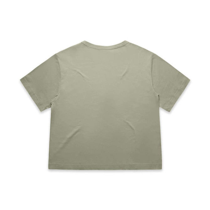 A soft green T-shirt with a relaxed fit and short sleeves, featuring a branding logo.