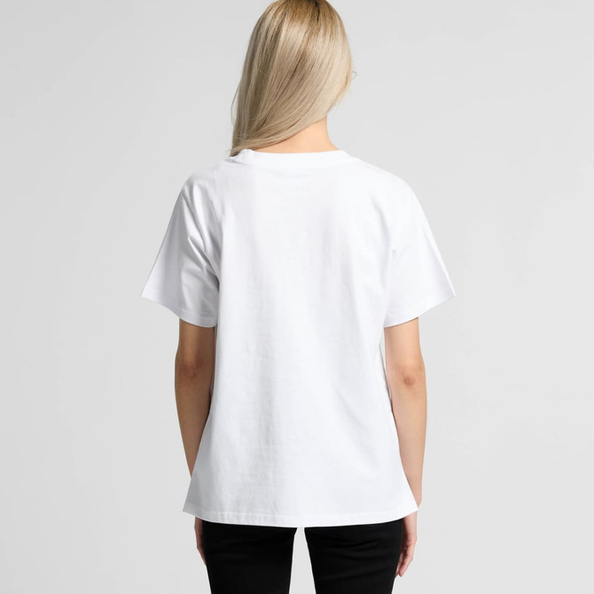 A white t-shirt with a relaxed fit, featuring short sleeves and a simple design, displayed from the back.