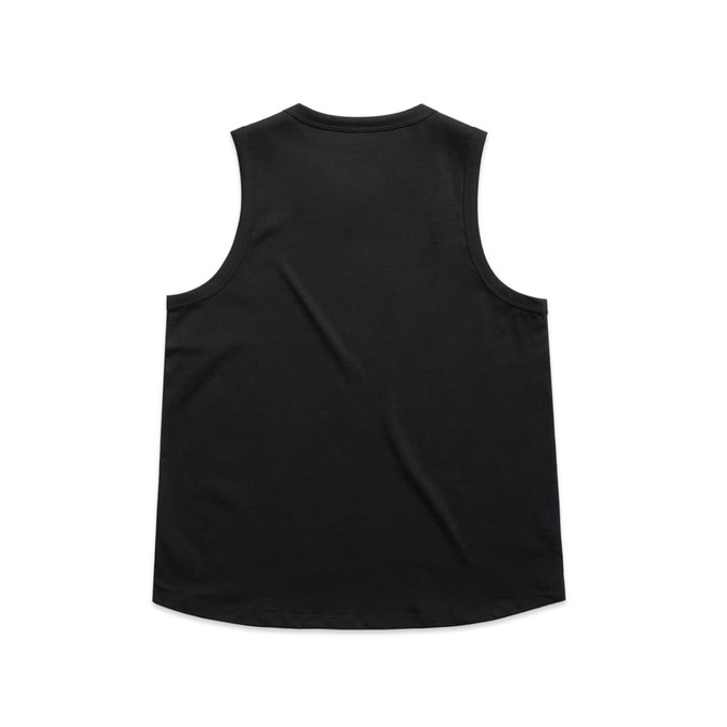 A black sleeveless tank top with a rounded hem and a simple back design. Features a branding logo.