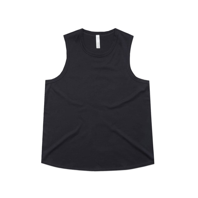 A black singlet tank top with a rounded hem, featuring a label at the neckline and a logo on the side.