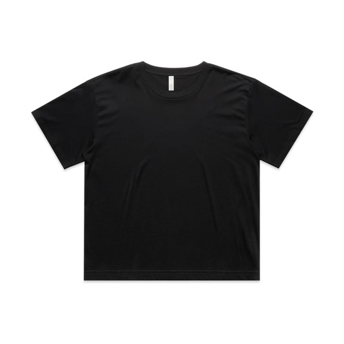 A black crop tee with a relaxed fit, featuring a simple design and a brand logo.