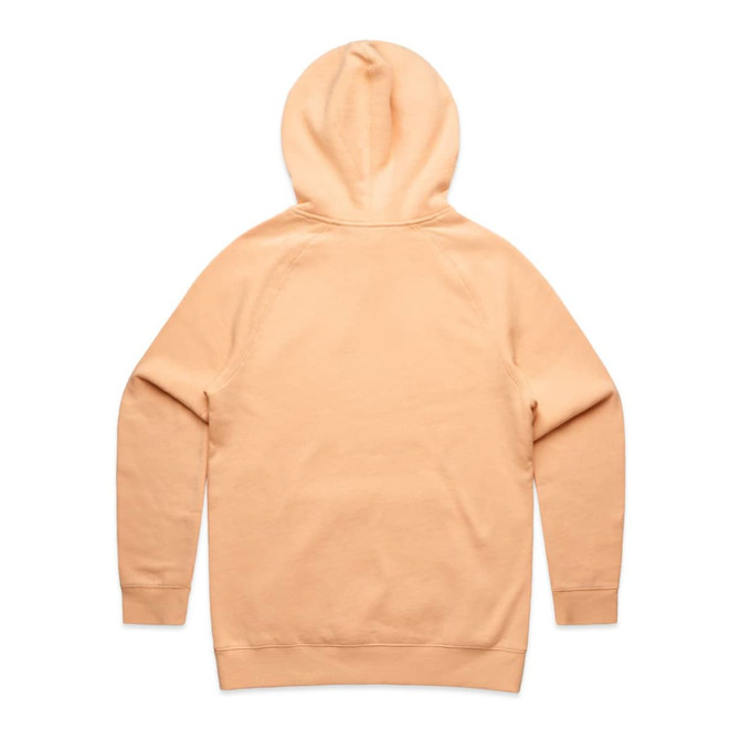 A peach-coloured hoodie with a hood and long sleeves, featuring a plain back and a logo.
