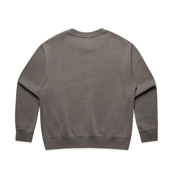 A faded grey crew jumper featuring long sleeves and a round neckline, with a logo on the back.