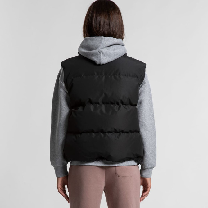 A black puffer vest is worn over a grey hoodie, showcasing a stylish and casual layered look from the back.