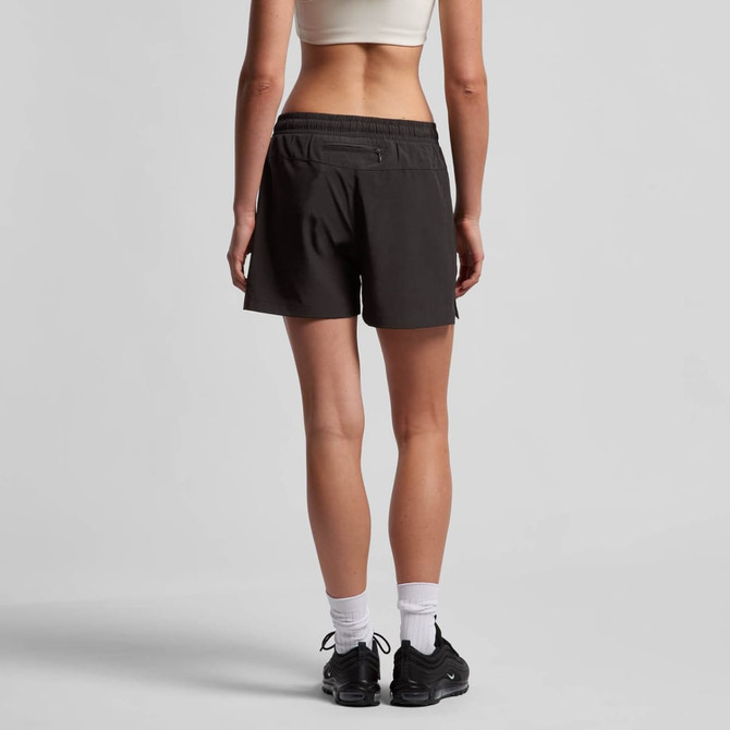 Active shorts in dark grey with an elastic waistband and a small back pocket. Features a logo on the waistband.