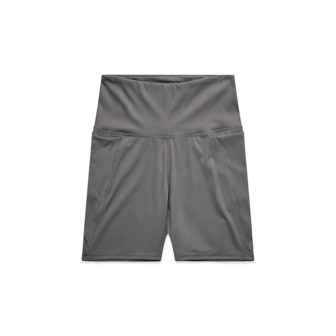 Active bike shorts in grey, featuring a high waistband and side pockets, with a simple brand logo.