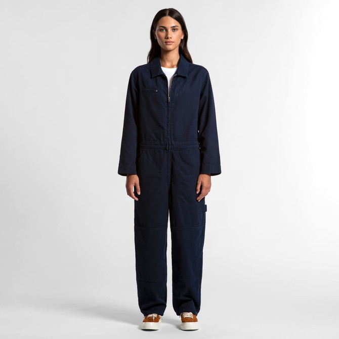 A navy blue coverall with a zip front and pockets, featuring sleeves and a relaxed fit. It has a branding logo.