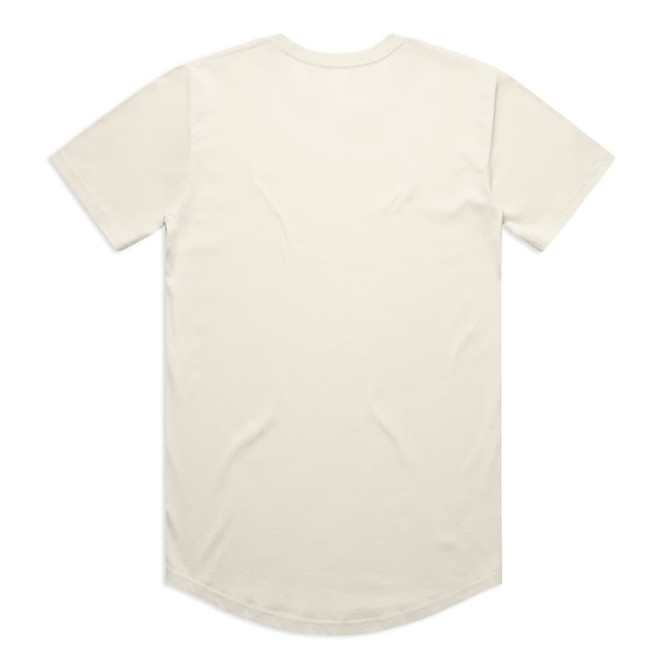 A light cream-coloured T-shirt with a curved hem and short sleeves. The back is plain without any designs.