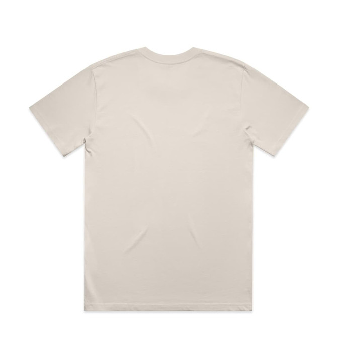A beige t-shirt featuring short sleeves and a plain back. The shirt has a logo at the neckline.