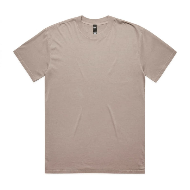 A beige heavy faded tee shirt with a plain design and a label at the neckline. It has no visible logos or branding.