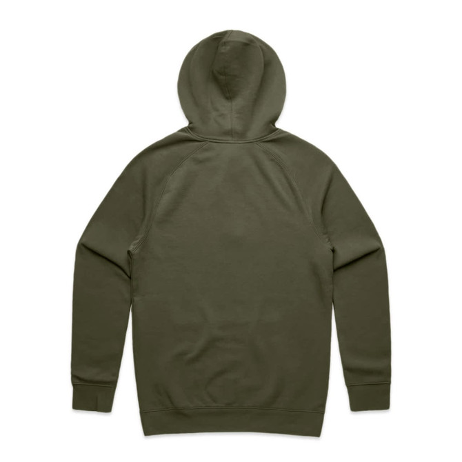 A green hoodie with a hood and long sleeves, featuring a plain design on the back and a branding logo.