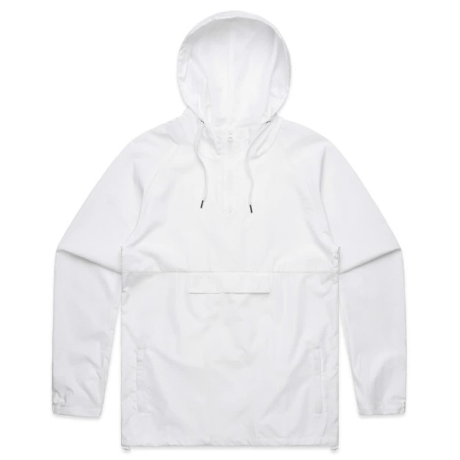 A white windbreaker jacket with a hood and front pocket. Features a logo on the chest.