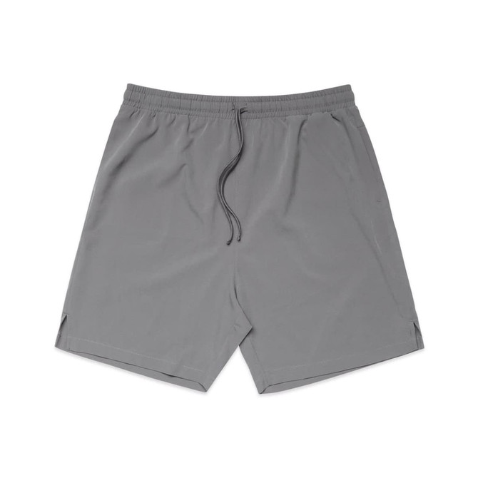 Active shorts in a muted grey colour, featuring an elastic waistband and a drawstring, with side slits for comfort.
