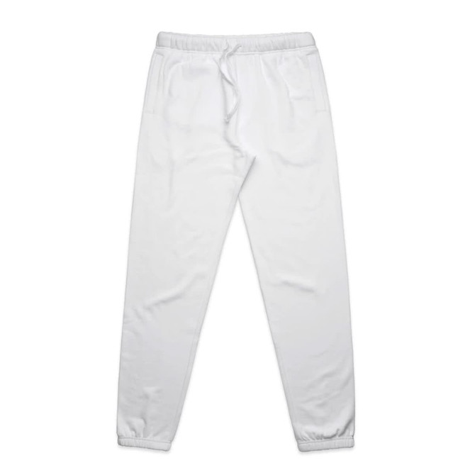 White track pants with an elastic waistband and cuffs, featuring a drawstring and a logo.