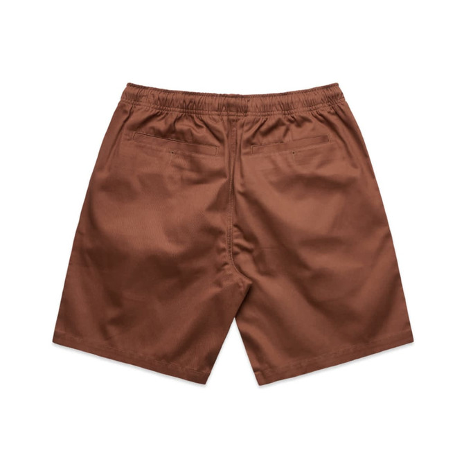Brown walk shorts with an elastic waistband and two rear pockets. Features a logo.