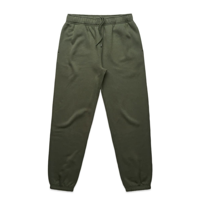 Olive green track pants with an elastic waistband and cuffs. Includes pockets and a drawstring. Features a logo.