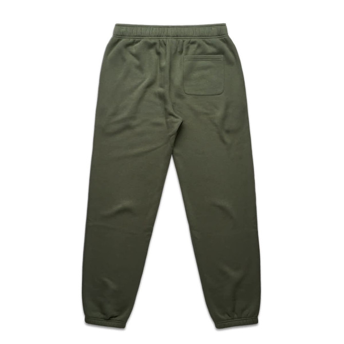 Olive green track pants with an elastic waistband and a back pocket. Features a logo design.