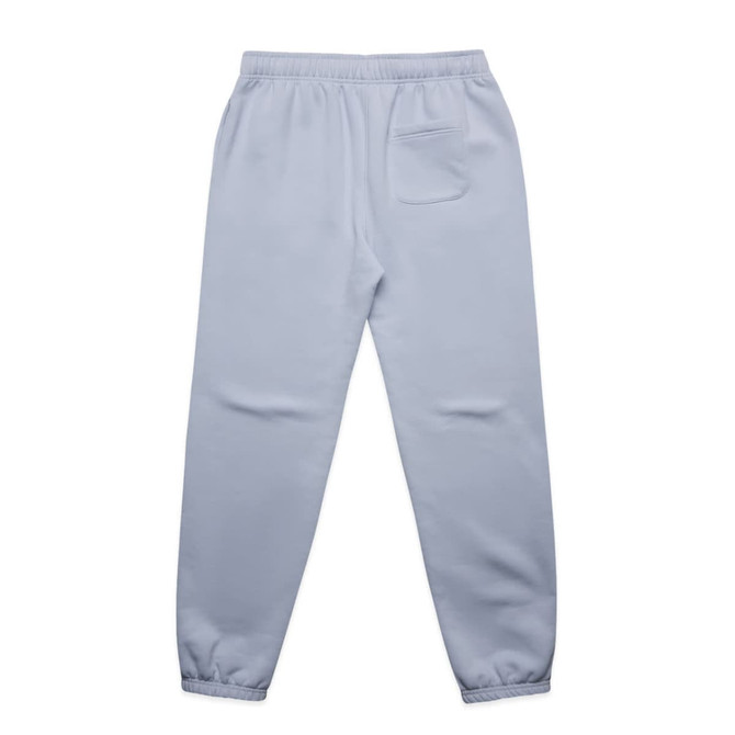 Light blue track pants featuring an elastic waistband and a pocket on the back. The design includes a logo.