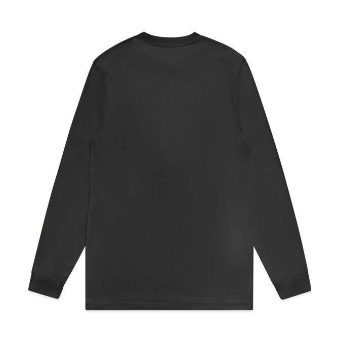 A black long-sleeve t-shirt with a simple design and a logo on the back.
