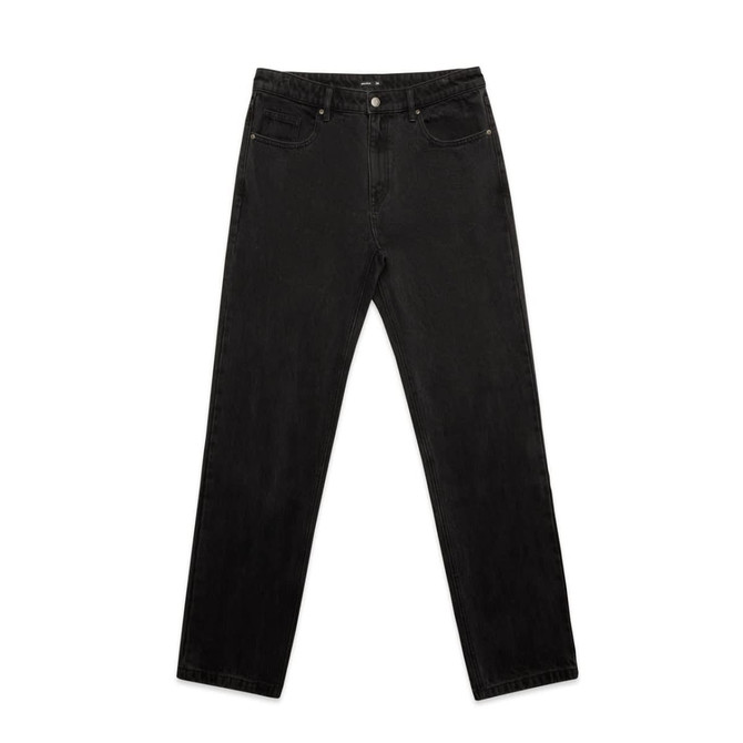 Black straight jeans with a classic five-pocket design, featuring a waistband and metal button, displayed flat.