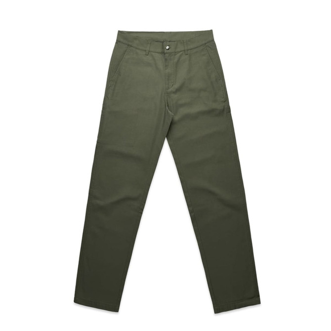 Utility pants in olive green, featuring multiple pockets and a straight-leg design. Includes a logo on the waistband.