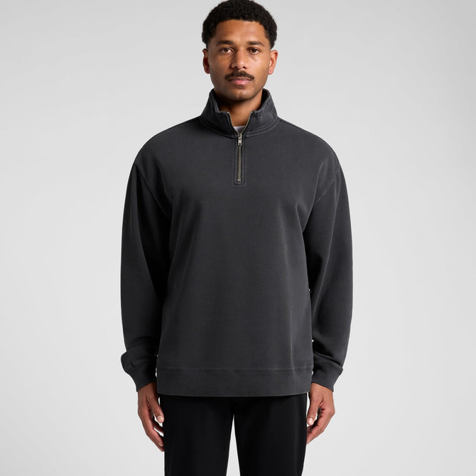 A black half-zip jacket with a relaxed fit and a small zippered collar. It features a logo on the chest.