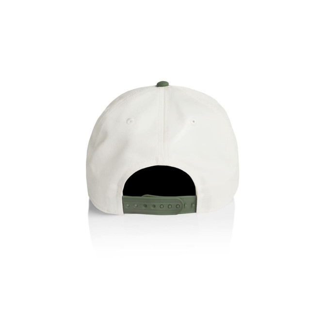 A two-tone cap featuring a white body and green accents, with an adjustable strap at the back and a logo.