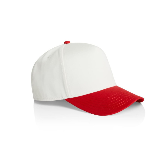 A two-tone cap featuring a white crown and a red peak, with a button on top and a logo on the side.