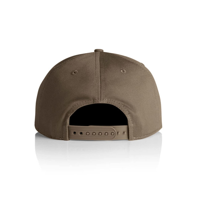 A khaki 7-panel cap featuring a flat brim and an adjustable strap at the back, with a logo present.