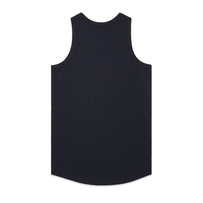 A black singlet featuring a round neck and a curved hem, with a branding logo on the back.
