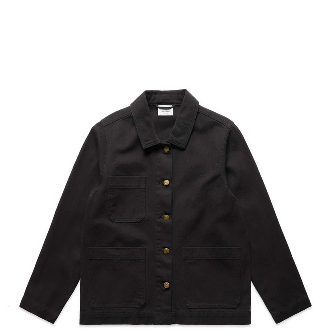 A black canvas chore jacket featuring a collared neckline, front buttons, and two side pockets.