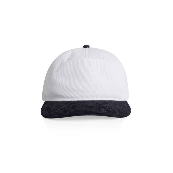 A two-tone cap featuring a white crown and a dark navy peak, with a logo on the front.