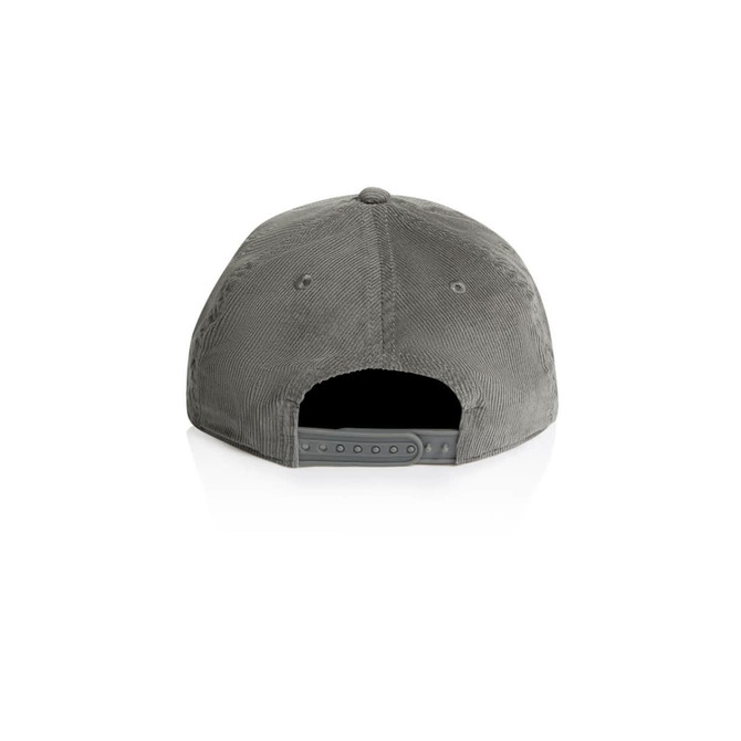 A grey cap featuring a textured corduroy fabric and an adjustable strap at the back. Includes branding.