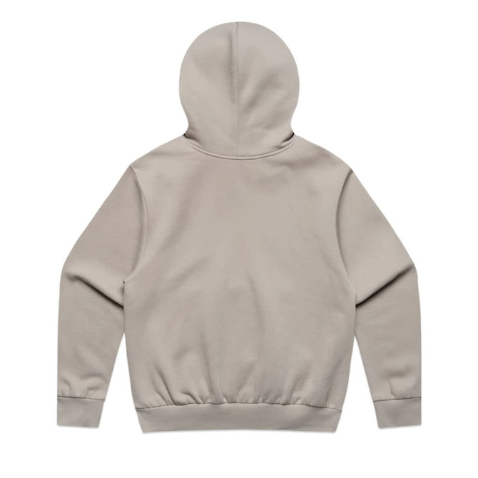 A back view of a light grey hoodie with a fitted waist and a hood, featuring a simple design and a logo.