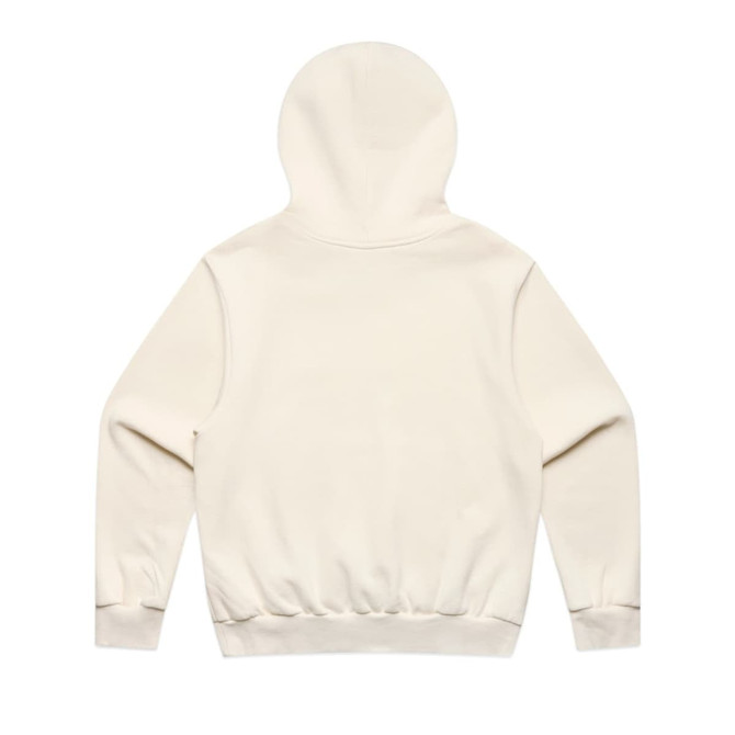 A cream-coloured hoodie with a hood and ribbed waistband, featuring a plain back design.