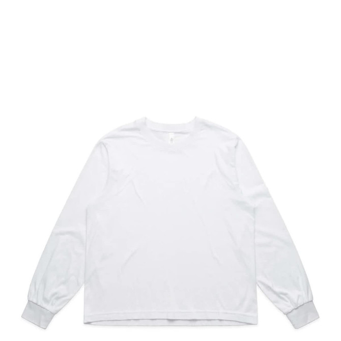 A long-sleeved tee in white with fitted cuffs and a simple design; features a branding logo.