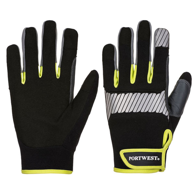 A pair of black gloves with grey and neon yellow accents, featuring a logo on the wrist area.