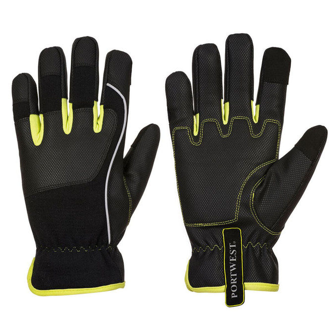 A pair of black and yellow gloves featuring a textured design and a tag, designed for tradespeople.