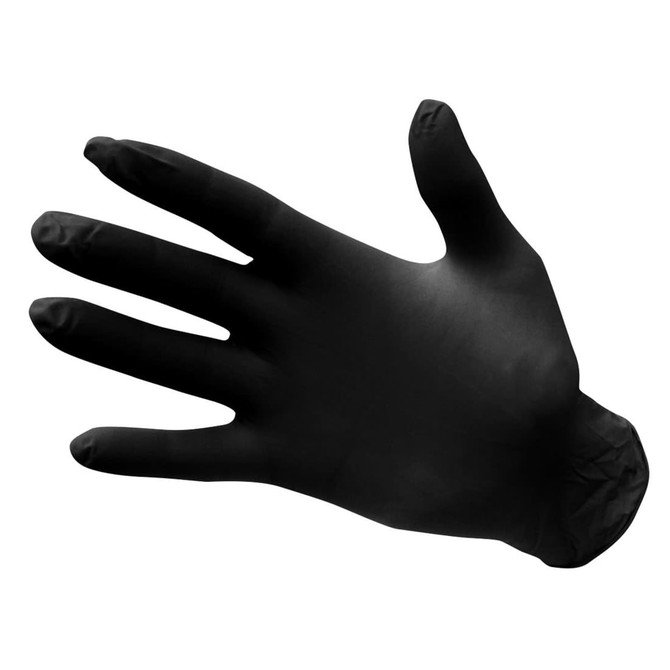 A pair of black nitrile disposable gloves laid out in the shape of a hand, with a smooth finish and a snug fit.