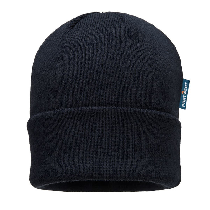 A navy insulated knit beanie featuring a folded cuff and a small logo tag.