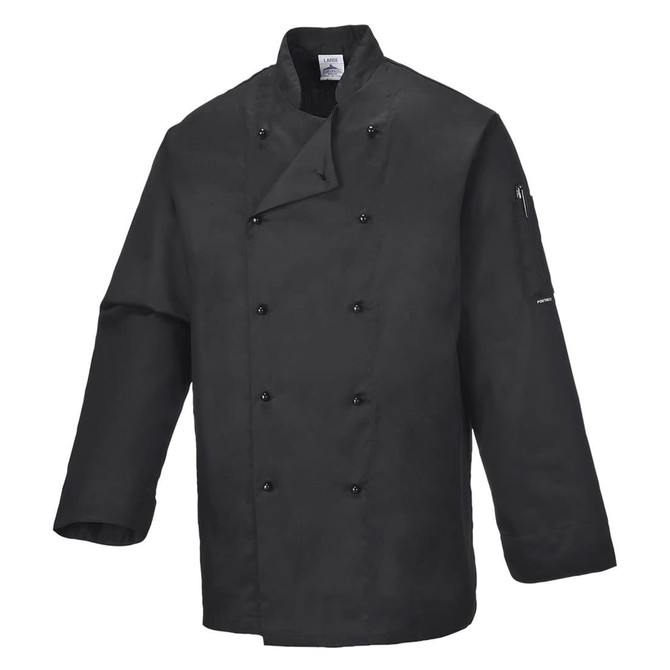 A black chef jacket with a double-breasted design and a zippered pocket on the sleeve. It features a logo.