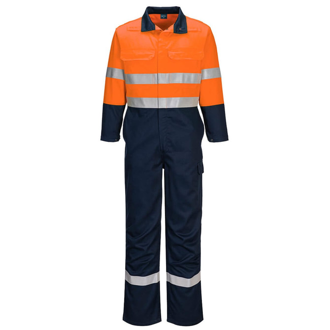 A safety coverall in orange and navy, featuring reflective stripes and a logo.