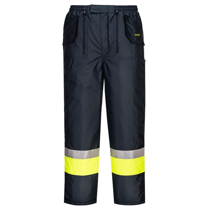 Hi-Vis contrast freezer pants in black with bright yellow reflective stripes and a drawstring waist. Features pockets and a logo.