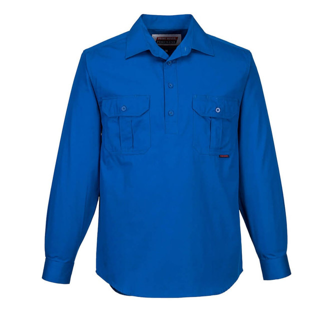 A blue lightweight long-sleeve button-up shirt with two front pockets and a branded label.