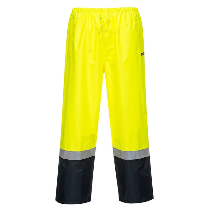 Bright yellow wet weather pull-on pants with a black reflective stripe at the hem and an elasticated waist.