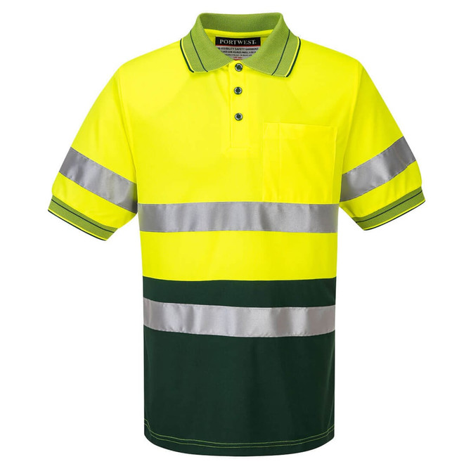 A high-visibility polo shirt in bright yellow and green, featuring reflective stripes and a chest pocket.