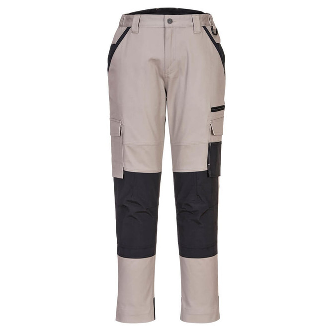 Ladies trade work pants in beige and black, featuring multiple pockets and a logo. Suitable for workwear.
