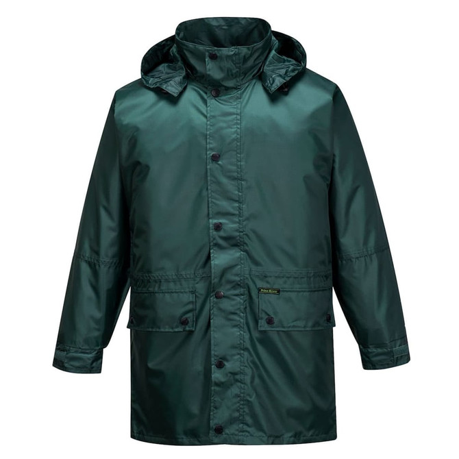 A green rain jacket with a hood, featuring buttons and front pockets, along with a branding logo.