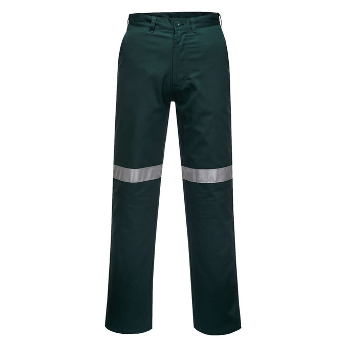 Work pants in dark green featuring reflective stripes. The design includes a waistband and front pockets, with a logo present.